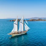 A luxury yacht glides through the open ocean under a clear blue sky, embodying freedom and adventure on the water.