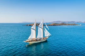 A luxury yacht glides through the open ocean under a clear blue sky, embodying freedom and adventure on the water.