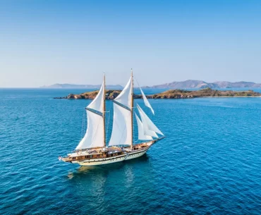 A luxury yacht glides through the open ocean under a clear blue sky, embodying freedom and adventure on the water.