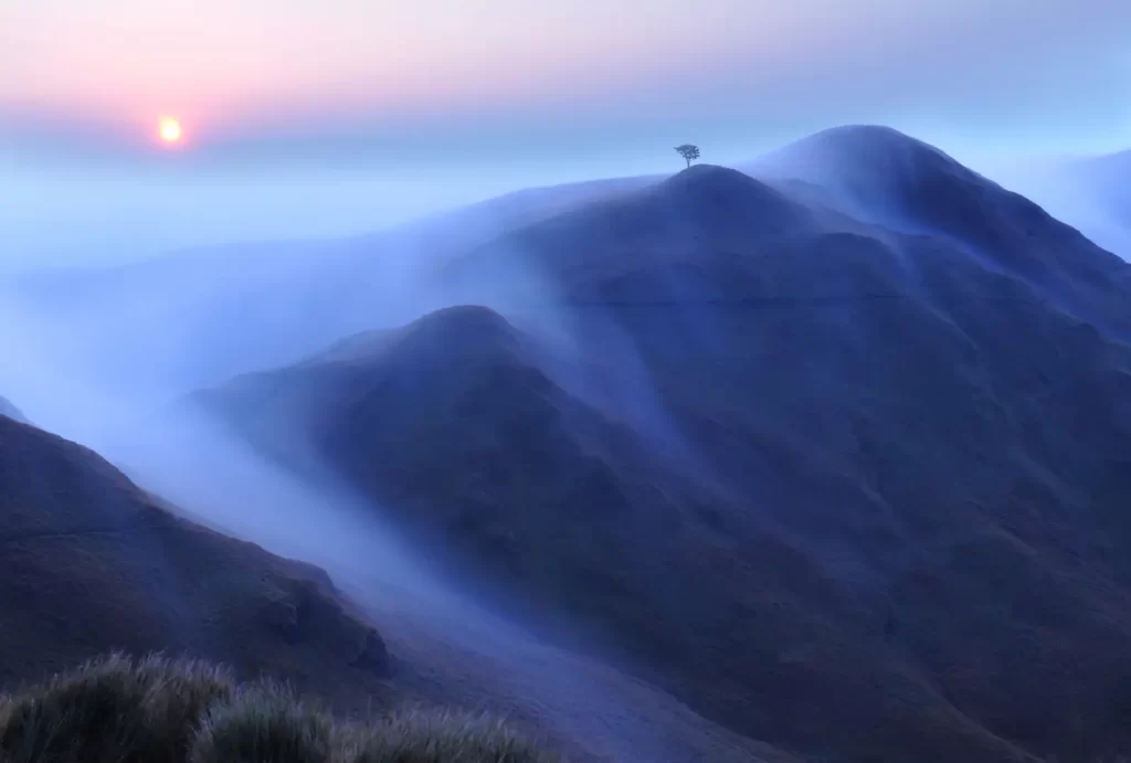 A misty sunrise over the rolling grass-covered peaks of Mount Pulag, Philippines. The soft golden sun rises above the horizon, casting a gentle glow on the blue-tinted mountains, with a lone tree standing atop one of the hills, adding a sense of solitude and serenity. Wisps of fog flow through the valleys, creating a dreamy, ethereal atmosphere.