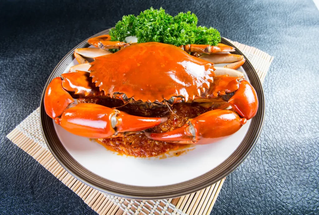 A delicious Singapore Chili Mud Crab on a plate