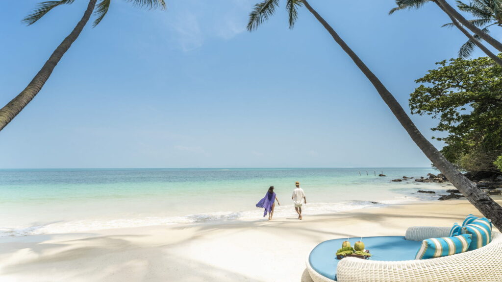 A couple strolls hand-in-hand along a sandy beach, surrounded by palm trees, celebrating their honeymoon in Thailand.