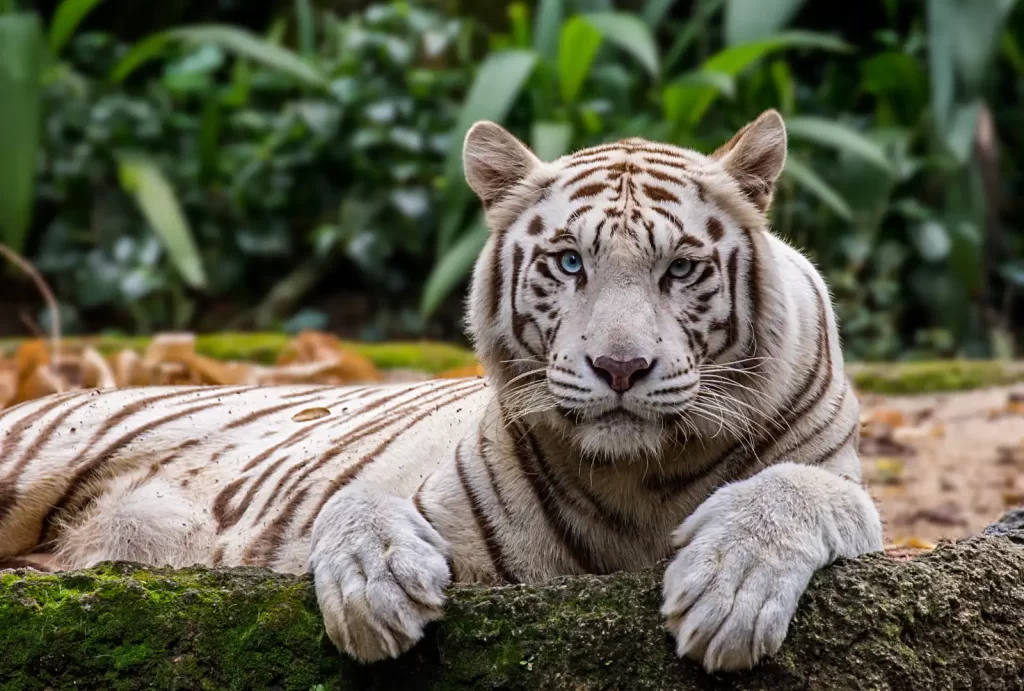  Majestic white tiger in the Singapore Zoo, showcasing its striking fur and captivating gaze.