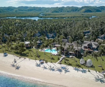 A wide aerial shot of a beachfront luxury estate in Siargao with white sand and coconut groves, curated by a premier Philippines tour operator.