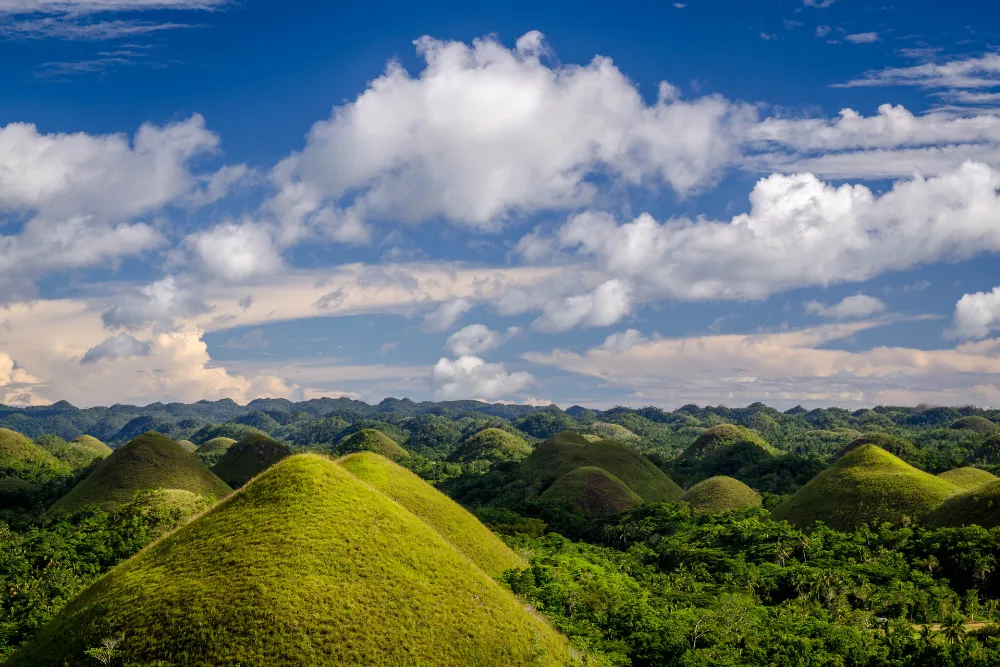 The lush green Chocolate Hills of Bohol during the tropical summer. Exclusive land-based excursions and luxury Philippines travel packages curated by a professional tour operator.