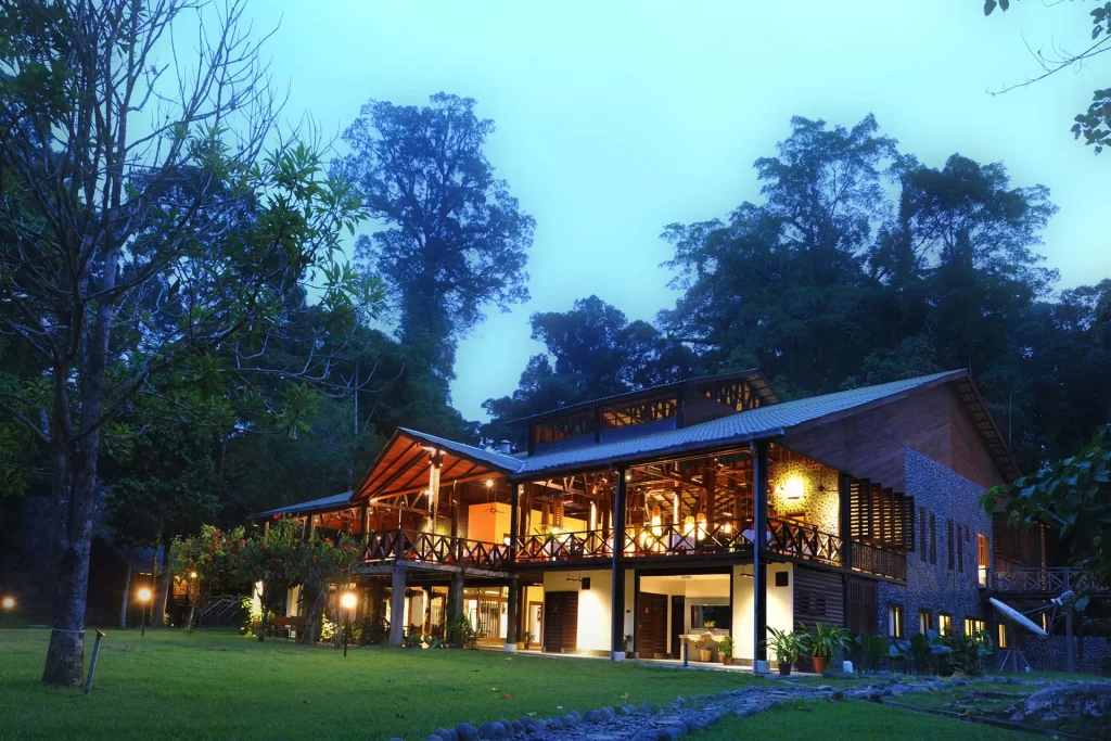 Borneo Rainforest Lodge lit at dusk beneath the forest canopy, Danum Valley, Sabah