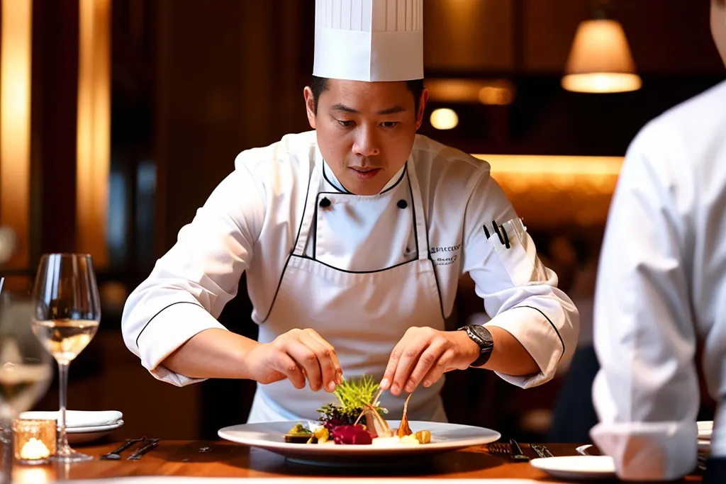 Chef plating a dish at a private dining table