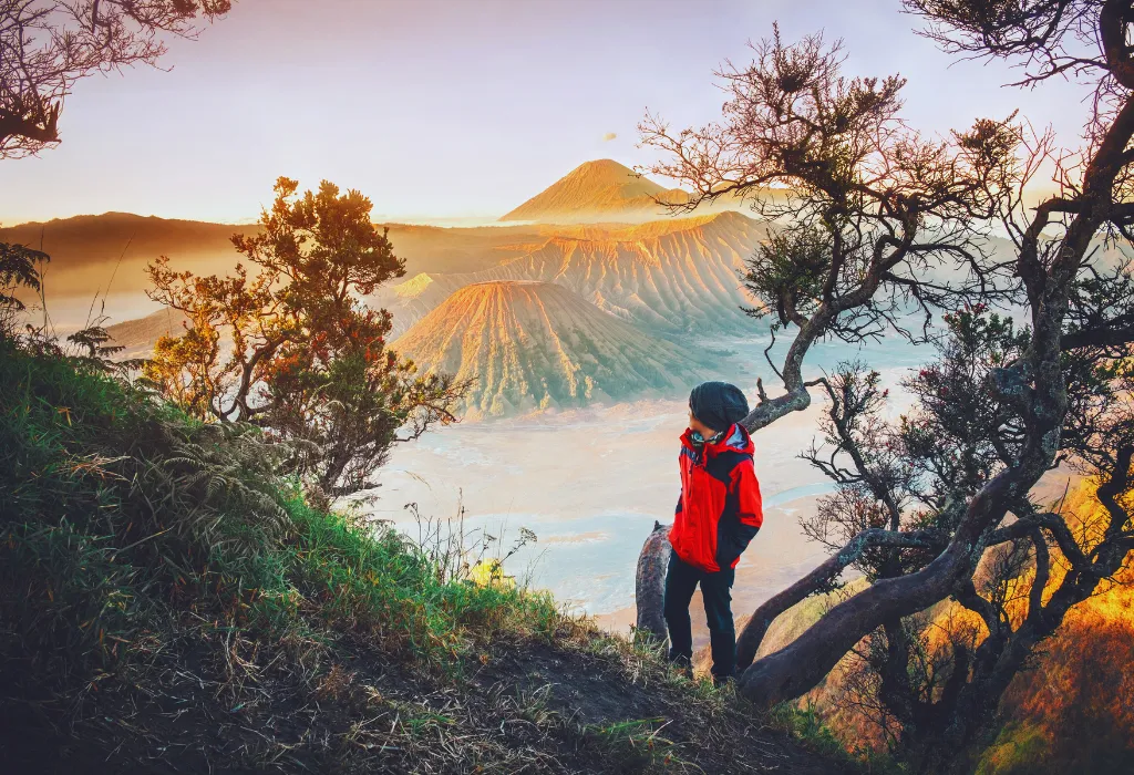 Adventurer watching the sunrise over Mount Bromo volcano, East Java. A highlight of bespoke Indonesia tours and luxury Indonesia travel packages focusing on natural wonders.