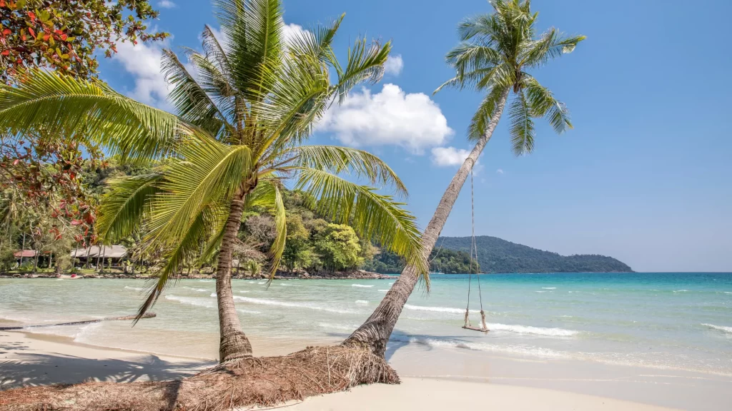 White sand beach on Koh Kood, Thailand, with leaning coconut palms, a rope swing, and turquoise water — one of Thailand's last unspoiled islands
