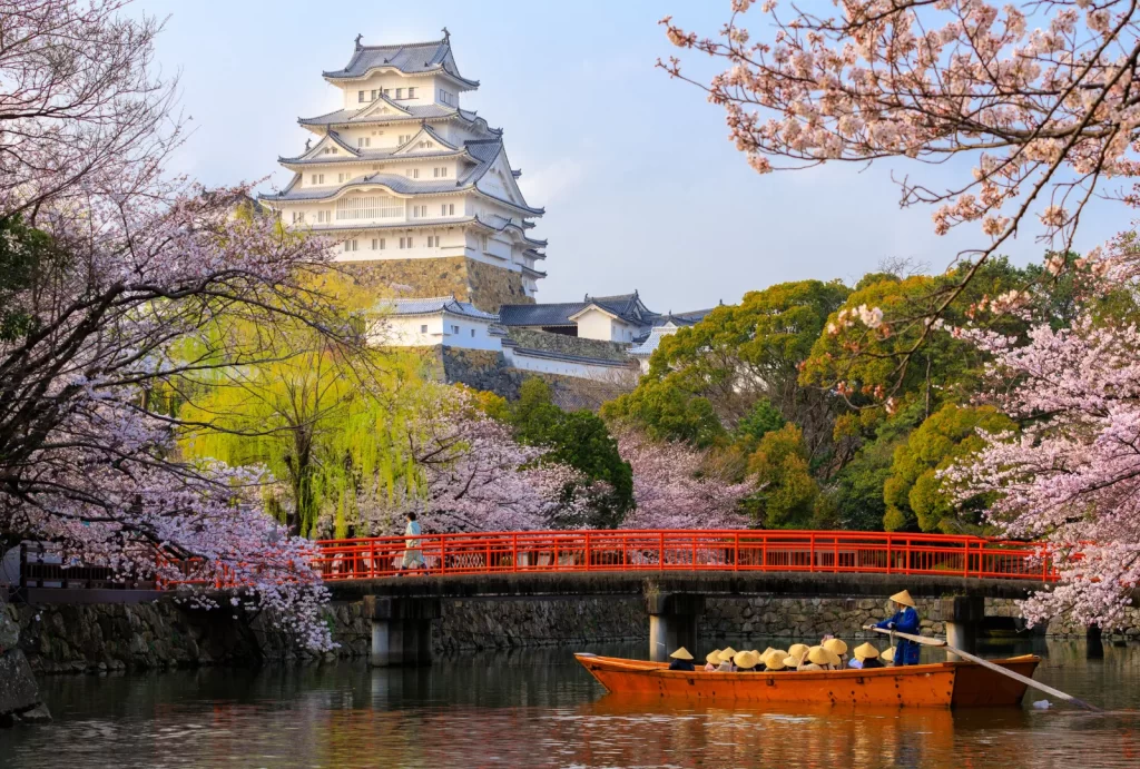 Himeji Castle, a UNESCO World Heritage Site, stands majestically in the background while a boat tour glides across the moat, surrounded by blooming cherry blossoms.