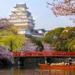Himeji Castle, a UNESCO World Heritage Site, stands majestically in the background while a boat tour glides across the moat, surrounded by blooming cherry blossoms.