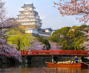 Himeji Castle, a UNESCO World Heritage Site, stands majestically in the background while a boat tour glides across the moat, surrounded by blooming cherry blossoms.