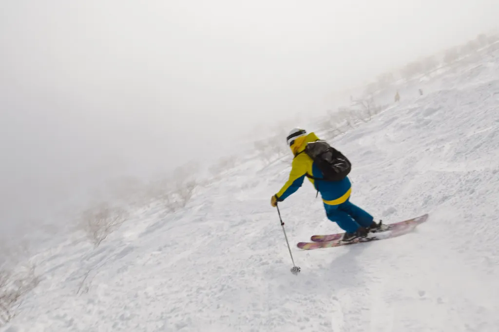 Skier descending a powder slope in the Niseko backcountry, Hokkaido, Japan