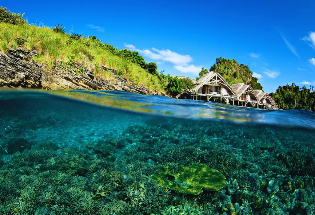Split-level view of luxury overwater bungalows at Misool Eco Resort, Raja Ampat, showing pristine coral reefs. The ultimate destination for bespoke Indonesia holidays and luxury Indonesia travel.