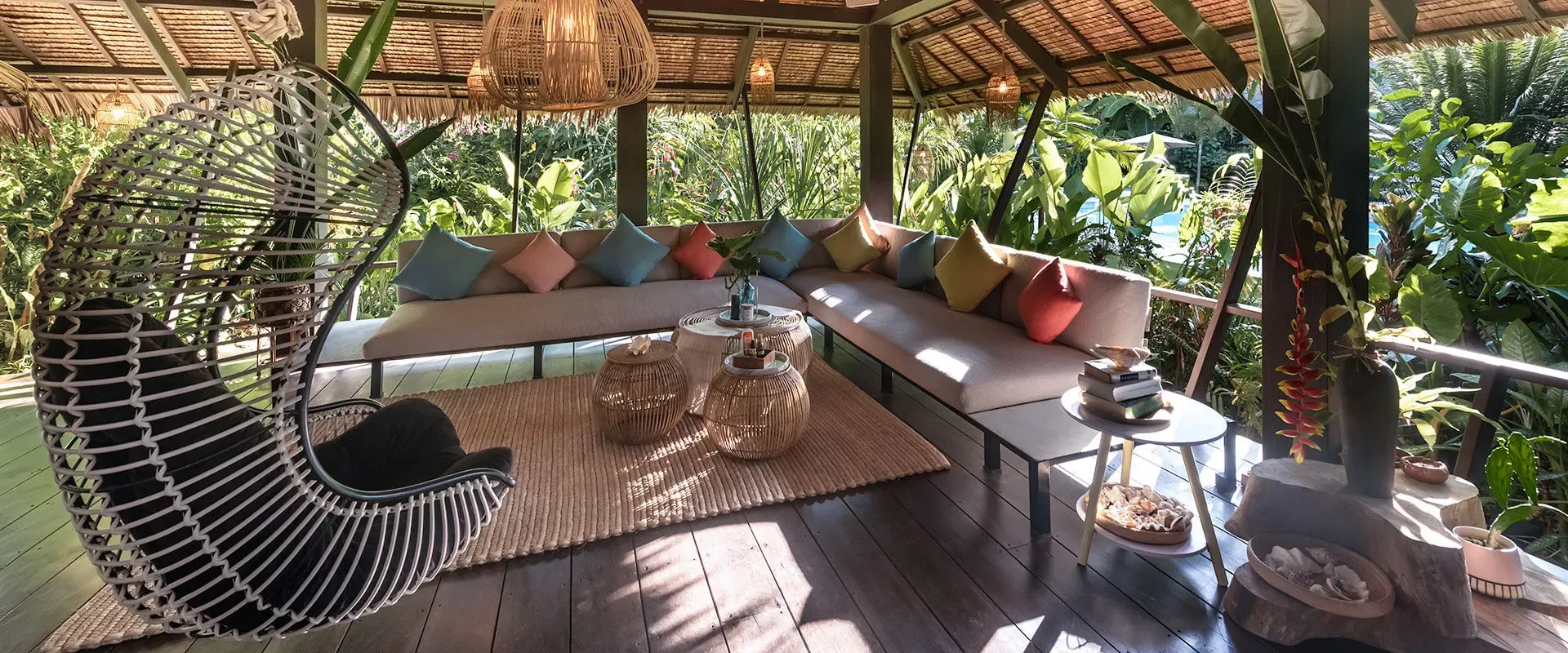 Open-air lounge and living area at Kawayan Villa, a private luxury villa near Cloud 9, Siargao.