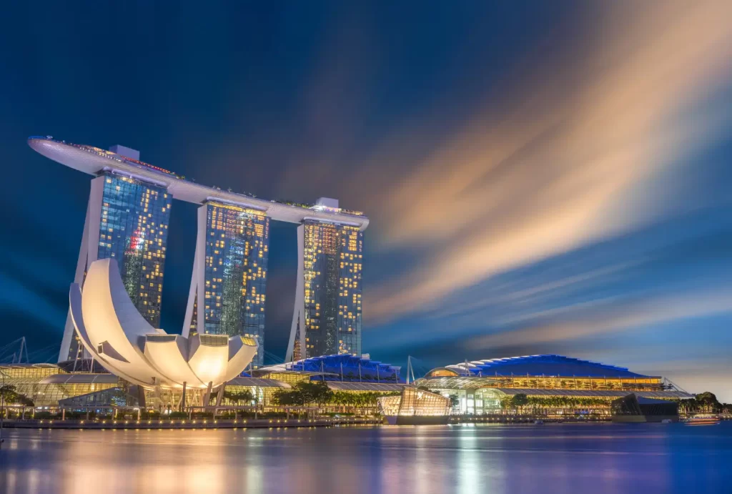 Iconic Marina Bay Sands in Singapore, showcasing its stunning architecture against a vibrant city skyline