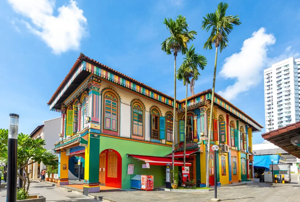 A vibrant building in Little India, Singapore, surrounded by lush palm trees, showcasing the area's rich culture and colors.