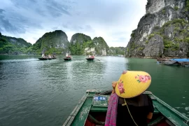 Discover the majestic beauty of Halong Bay's iconic limestone formations from the comfort of a private boat.