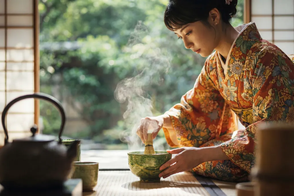 Tea ceremony host whisking matcha in a Kyoto tearoom