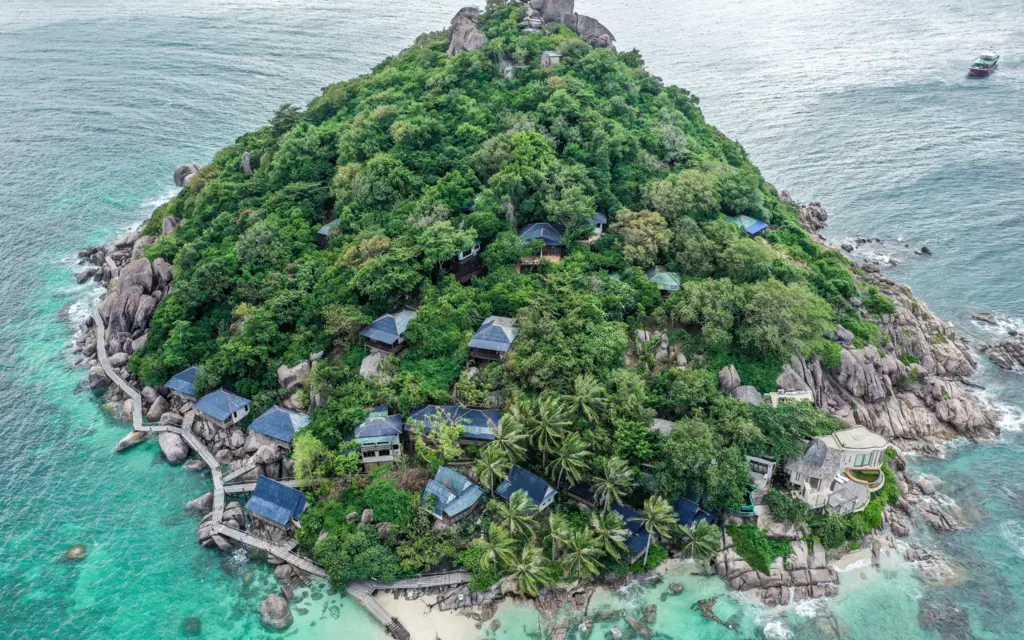 Aerial view of the iconic sandbar connecting the lush, green islands of Koh Nang Yuan near Koh Tao, Thailand