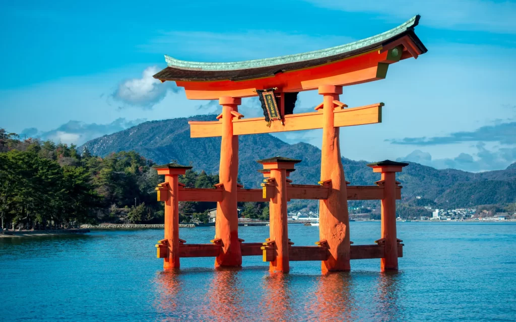 Torii gate of Itsukushima Shrine on Miyajima Island, Hiroshima, Japan