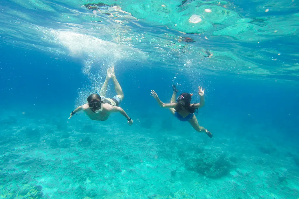 Two individuals snorkeling in the crystal-clear waters of Cebu, showcasing premium marine adventures available for luxury travelers and bespoke MICE group activities.