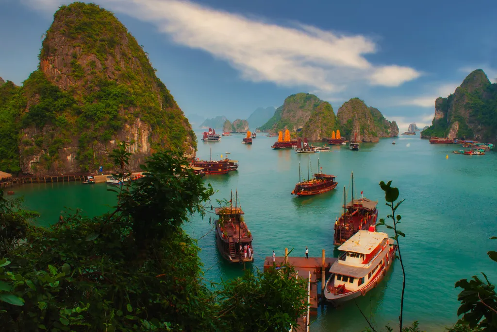 Traditional luxury junk boats docked in Ha Long Bay, perfect for exclusive cruises, corporate incentives, and group tours offered by our DMC services.