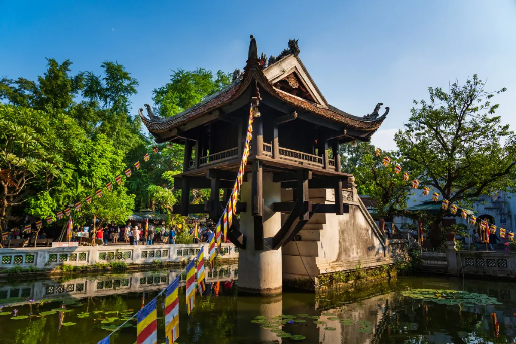 The iconic One Pillar Pagoda in Hanoi, an ancient Buddhist temple and architectural wonder, ideal for cultural excursions on luxury and DMC trips.