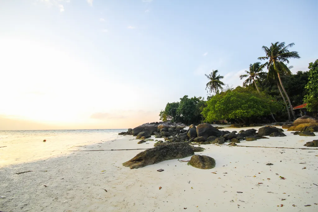A peaceful sunset view on a secluded white-sand beach in Koh Lipe, Thailand, with towering palm trees, large rocks, and calm water. This tranquil scene is perfect for a luxury travel escape and private beach experience.