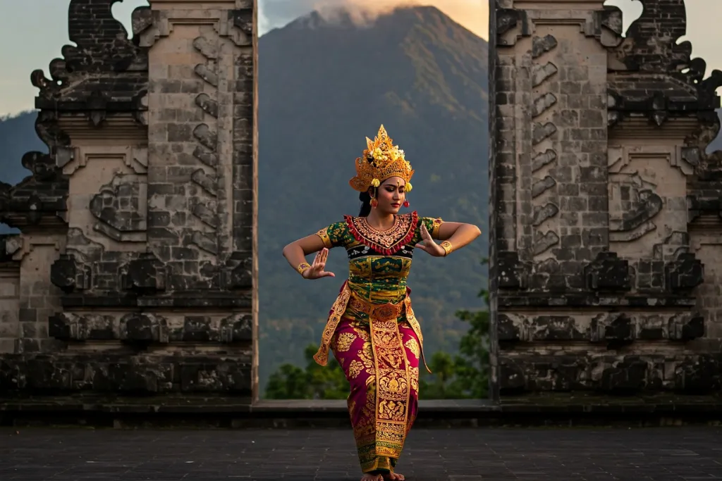 A beautiful Balinese dancer performing a traditional dance in ornate costume, framed by an ancient gateway with Mount Agung in the background. Experience the authentic Bali culture on your next Indonesia travel journey.