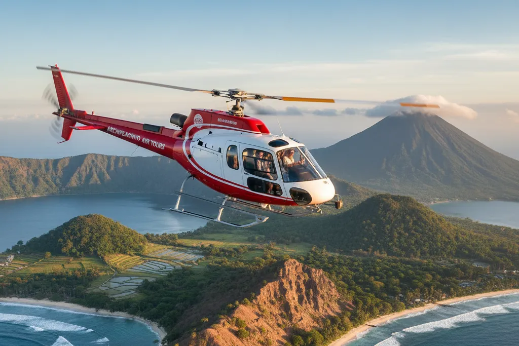 Exclusive Helicopter tour over a stunning Indonesian island, offering a breathtaking volcano view, lush rice terraces, and coastline. The pinnacle of Indonesia luxury travel and bespoke Island hopping experiences.