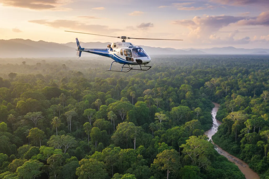 Exclusive helicopter tour over the dense tropical rainforest and river of Borneo, Malaysia. The ultimate luxury adventure travel experience offered through our Malaysia DMC for bespoke tours and holidays.