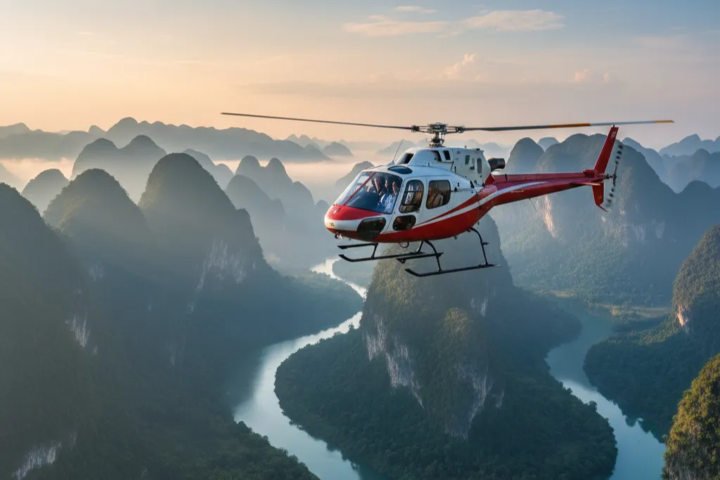 A luxury private helicopter tour soaring above the misty karst mountains and winding river of Northern Laos. Offer clients the ultimate scenic perspective on exclusive Laos travel and high-end Laos holidays.