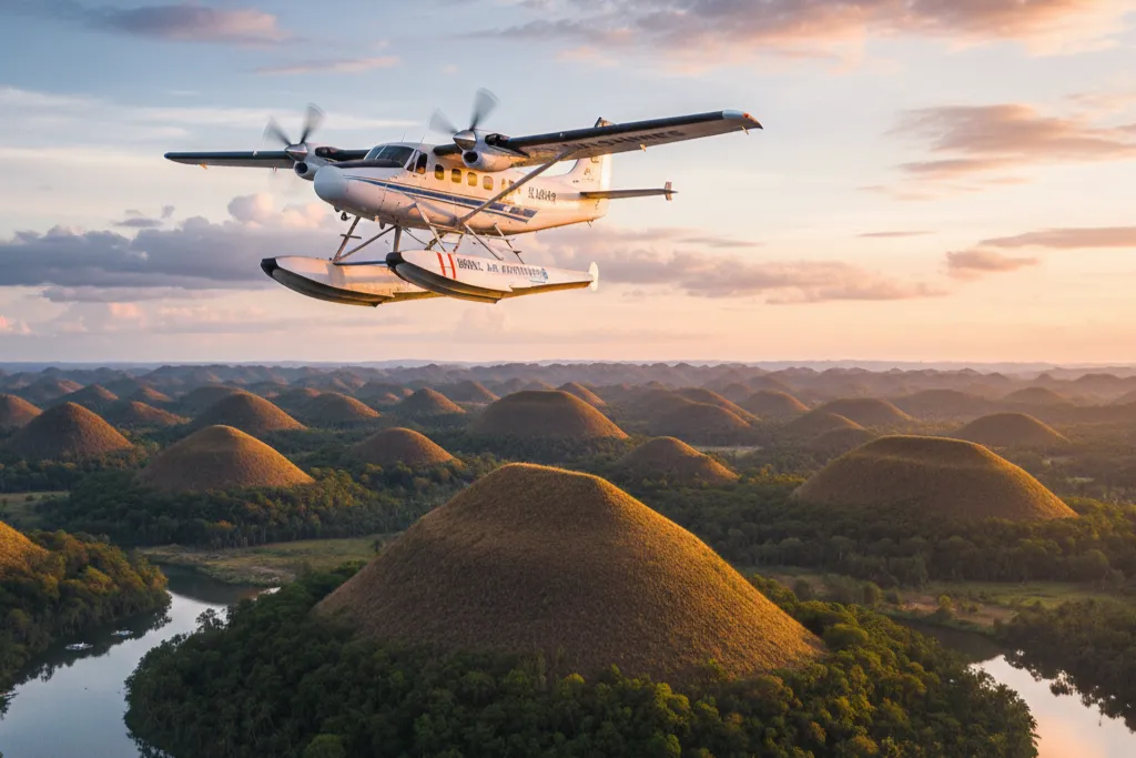 A seaplane flying over the iconic Chocolate Hills in Bohol, Philippines at sunset. A unique luxury Philippines travel experience and unforgettable private tour option.