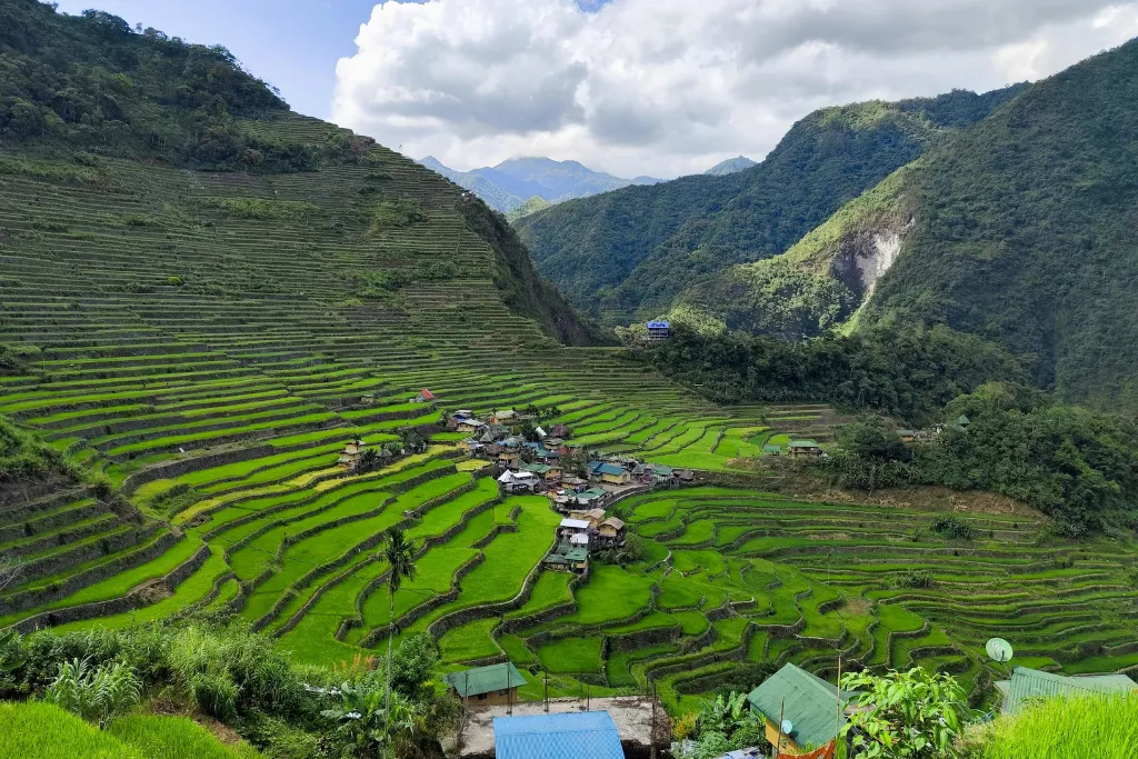 Vibrant green rice terraces surrounding a village in the Cordillera region of the Philippines. Perfect for cultural tours, adventure trekking, and unique Philippines travel and holidays.