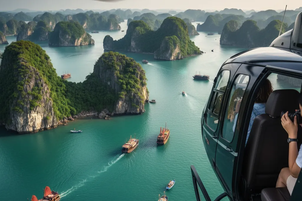 Breathtaking aerial view of the limestone karsts in **Ha Long Bay** from a **helicopter tour**. Experience the best of the bay on our **Vietnam luxury tours** and **exclusive travel** itineraries, curated by our premier **Vietnam DMC** specialists.