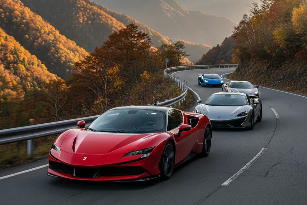 High-performance sports cars driving on a scenic mountain road. Custom luxury Japan tours and unique Japan holidays including bespoke driving experiences, all managed by a dedicated Japan dmc.