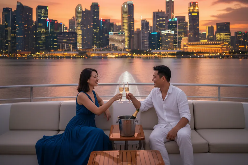 Couple toasting champagne on a luxury yacht with the glittering Singapore city skyline at sunset.