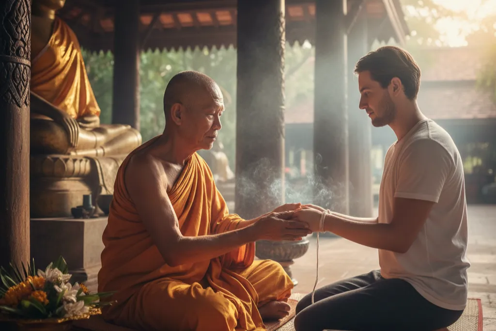 A traveler kneeling while receiving a sacred wrist-tie blessing from a Buddhist monk in Laos.