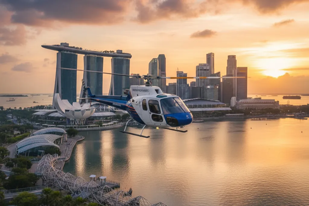 Scenic golden hour photo of a private helicopter flying over the Singapore waterfront and Marina Bay Sands.
