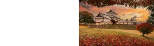 Traditional Japanese castle architecture in Kanazawa, Japan, surrounded by vibrant red autumn leaves. Experience historic destinations on exclusive luxury Japan tours and Japan holidays.