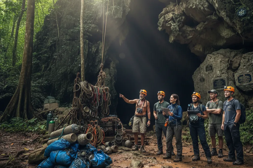 Expert adventurers and a local Thailand DMC guide setting up for a thrilling cave exploration.