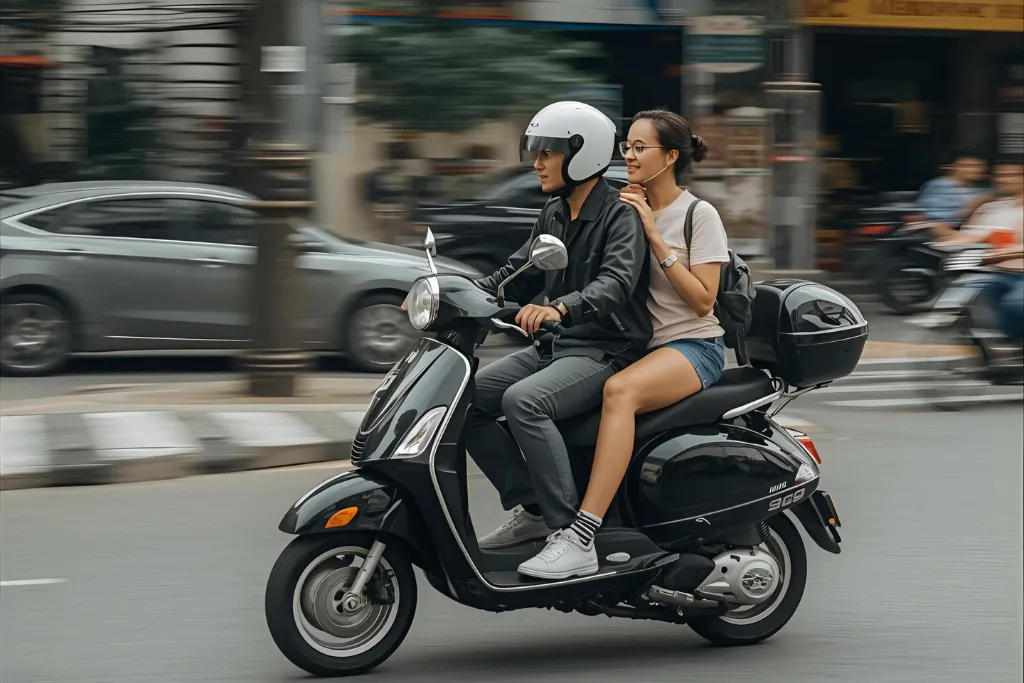 Thrilled couple riding a black Vespa on a busy street in Saigon, Vietnam, captured with dynamic motion blur.