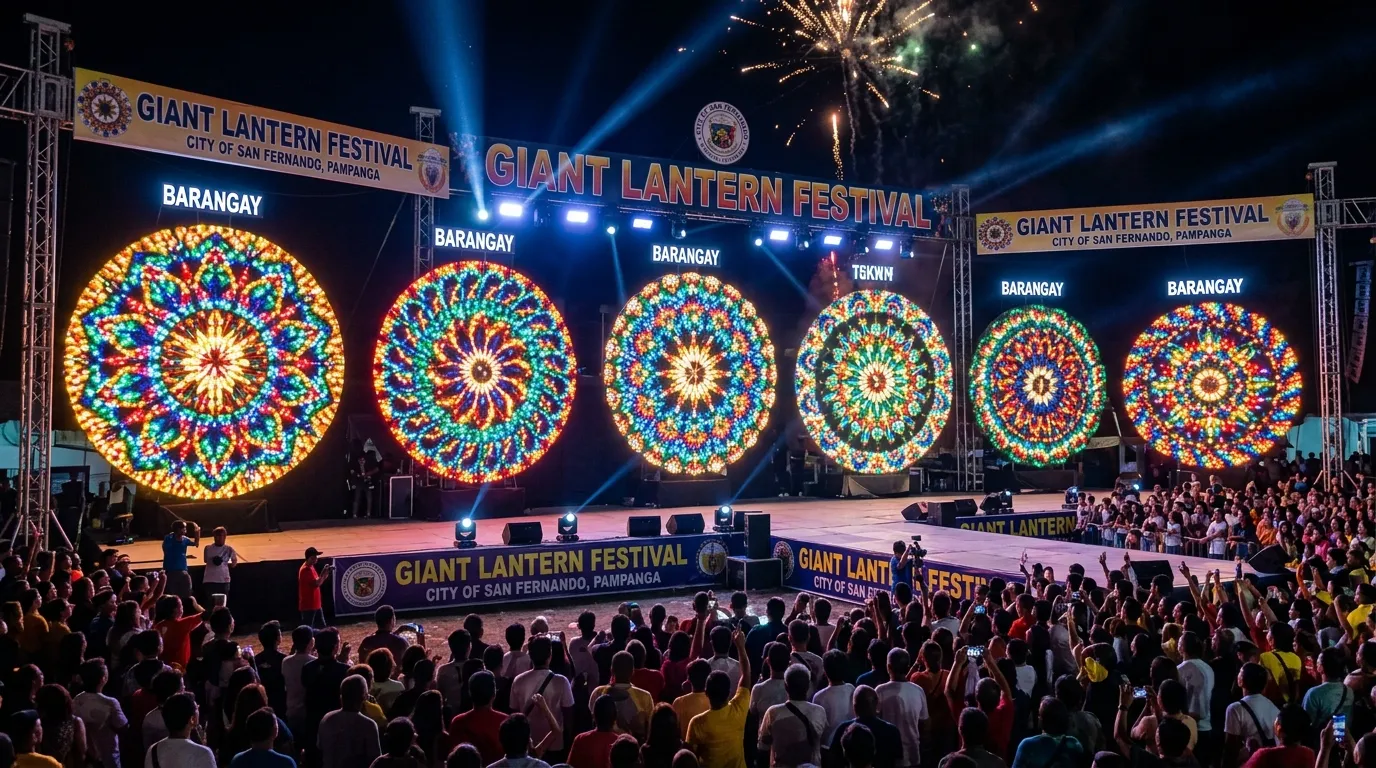 Large, illuminated Christmas lanterns displayed on stage during the Giant Lantern Festival in San Fernando, Pampanga, showcased on a Philippines tour package.