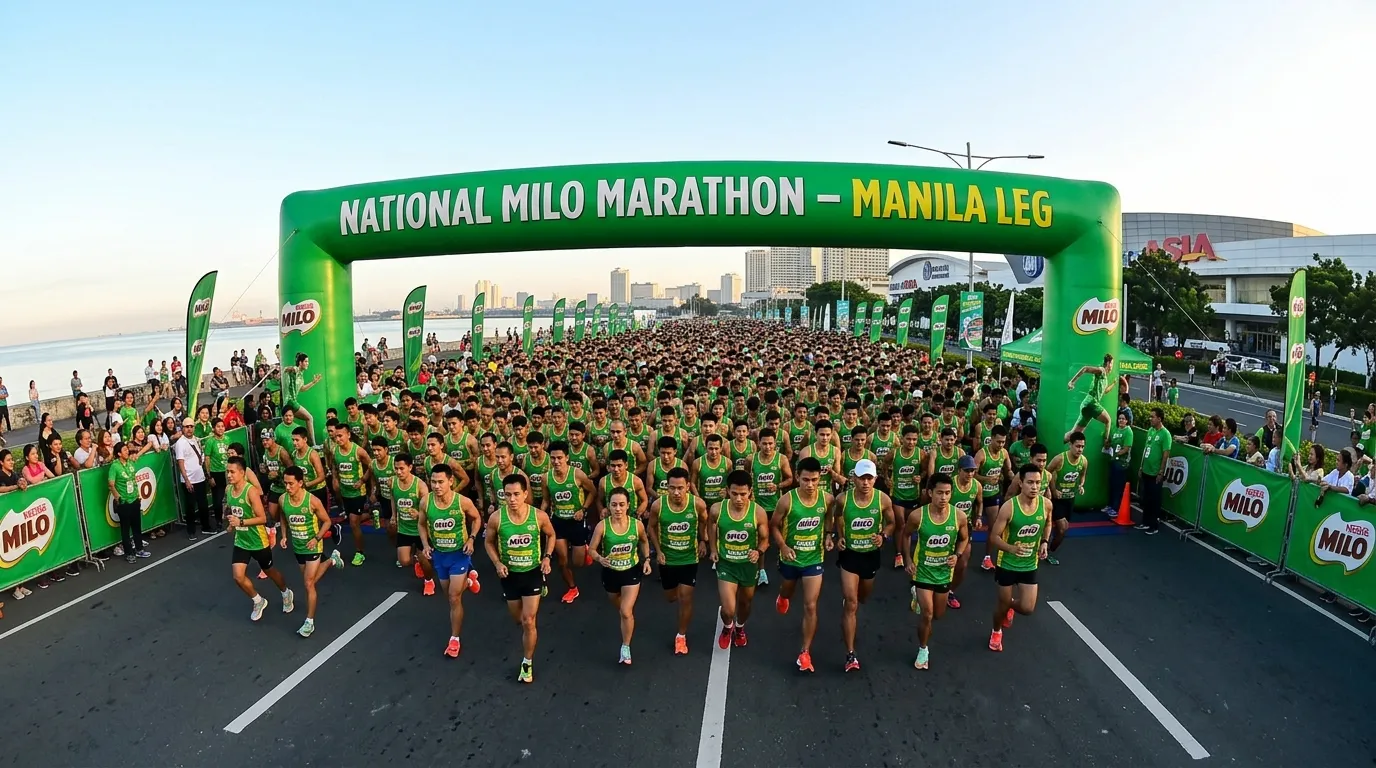 Thousands of runners crossing the start arch at the National Milo Marathon Manila Leg