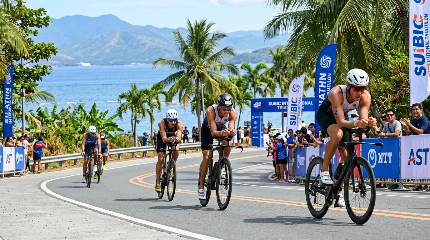 Cyclists competing along the coastal road during the Subic Bay International Triathlon