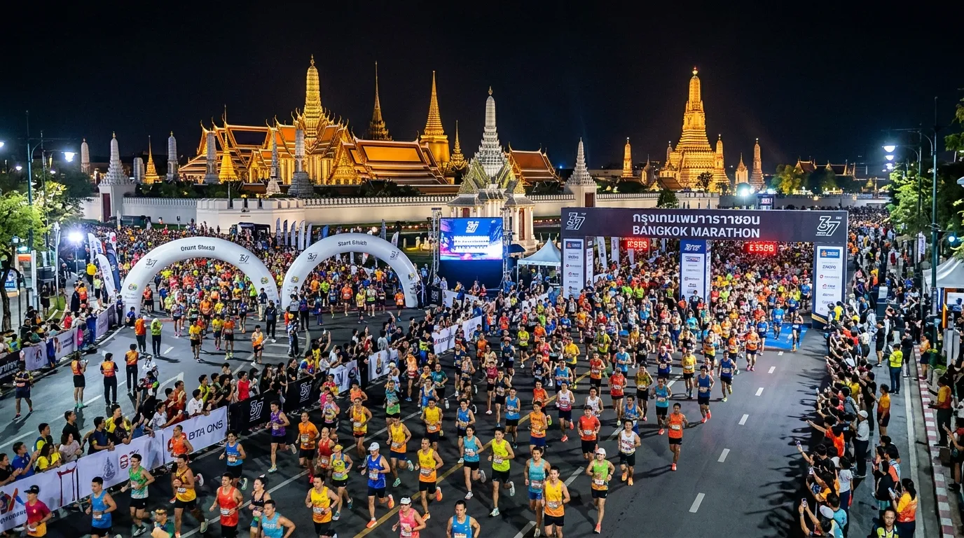 Crowd running the night Bangkok Marathon past illuminated Grand Palace temples on sports Thailand tours.